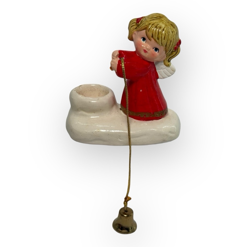 Vintage Japan Colonial Candle Holder Christmas Angel w/ Brass Bell Taper Holder